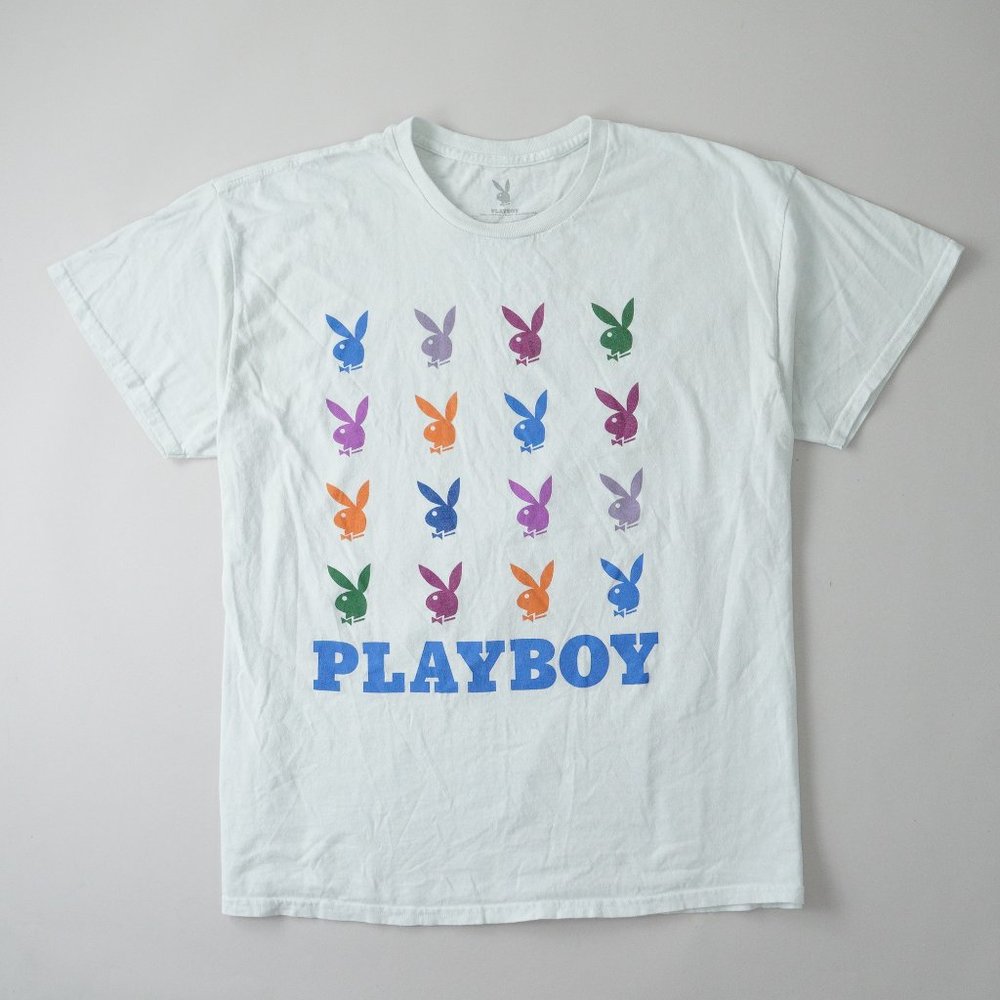 Playboy Colorful Bunny Logo Graphic Short Sleeve T-Shirt White Mens Size XL